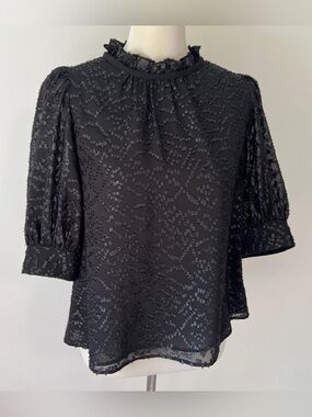 Crosby by Mollie Burch Black Textured Puff Sleeve Blouse XS shimmer top